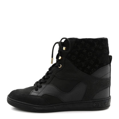 Louis Vuitton Calfskin Suede Monogram Cliff Top Wedge Sneakers 40 Black 1 of 11