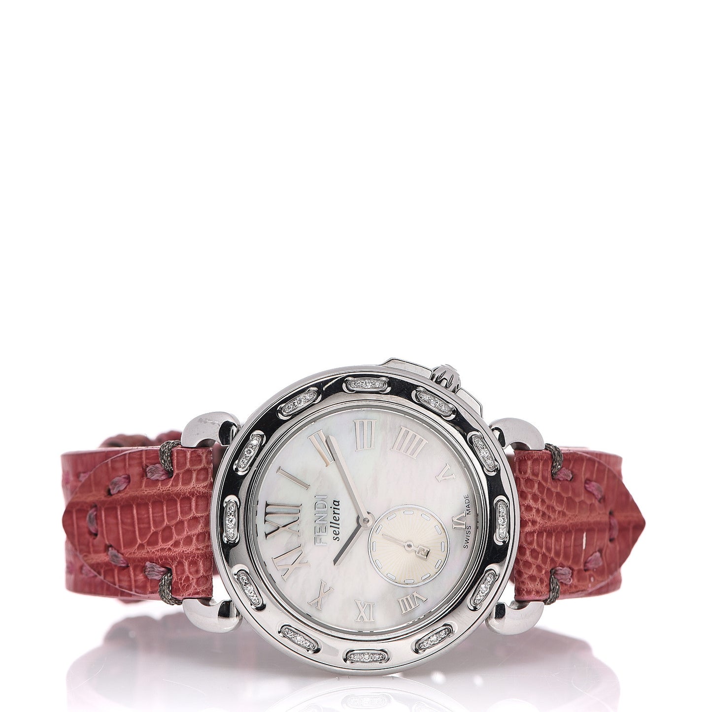 Stainless Steel Calfskin Diamond Mother of Pearl 37mm Selleria Quartz Watch Red