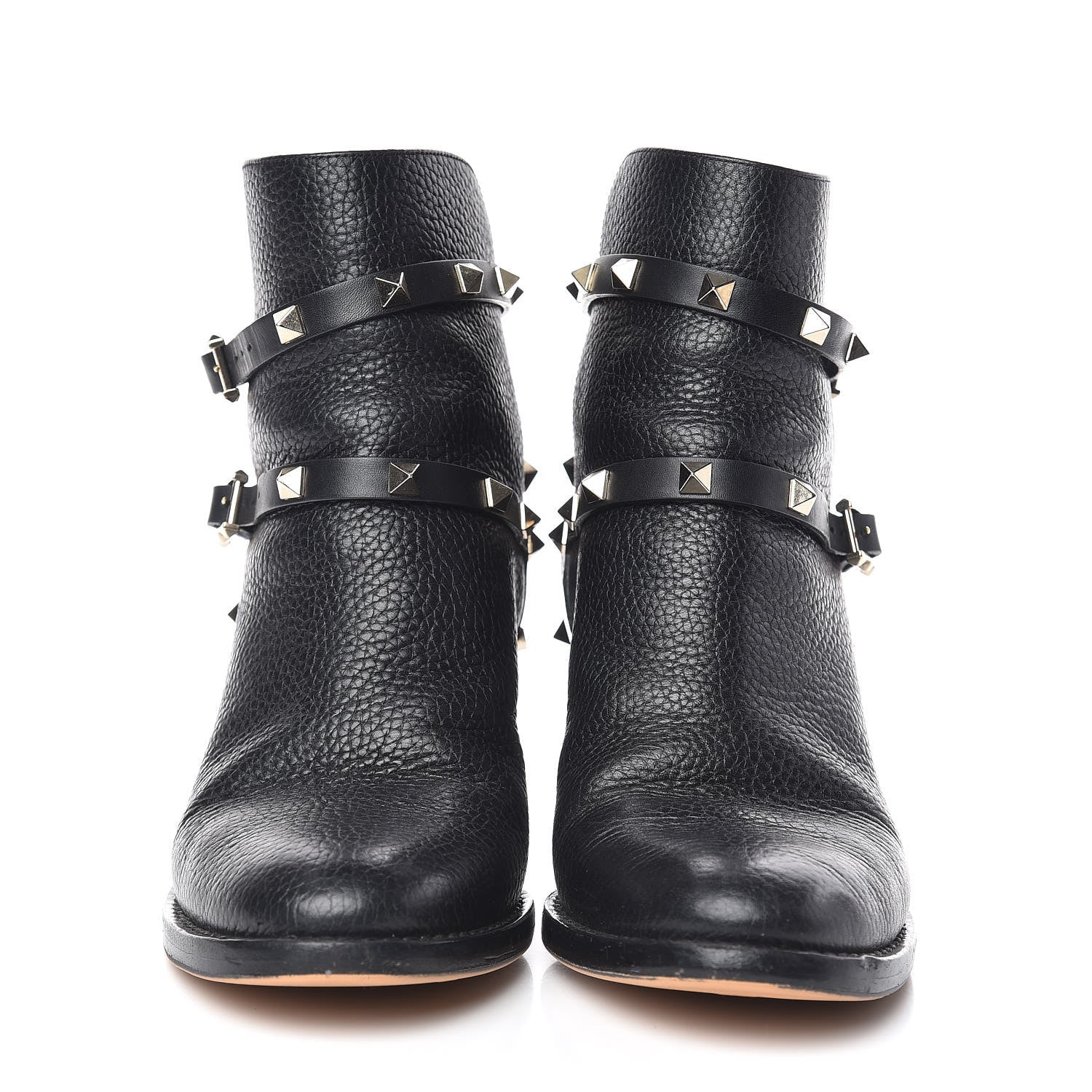 Valentino Garavani Pebbled Calfskin Rockstud Double Buckle 70mm Block Heel Ankle Boots 36.5 Black 2 of 11