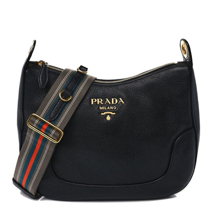 Prada Vitello Daino Zippered Messenger Hobo Black 1 of 12
