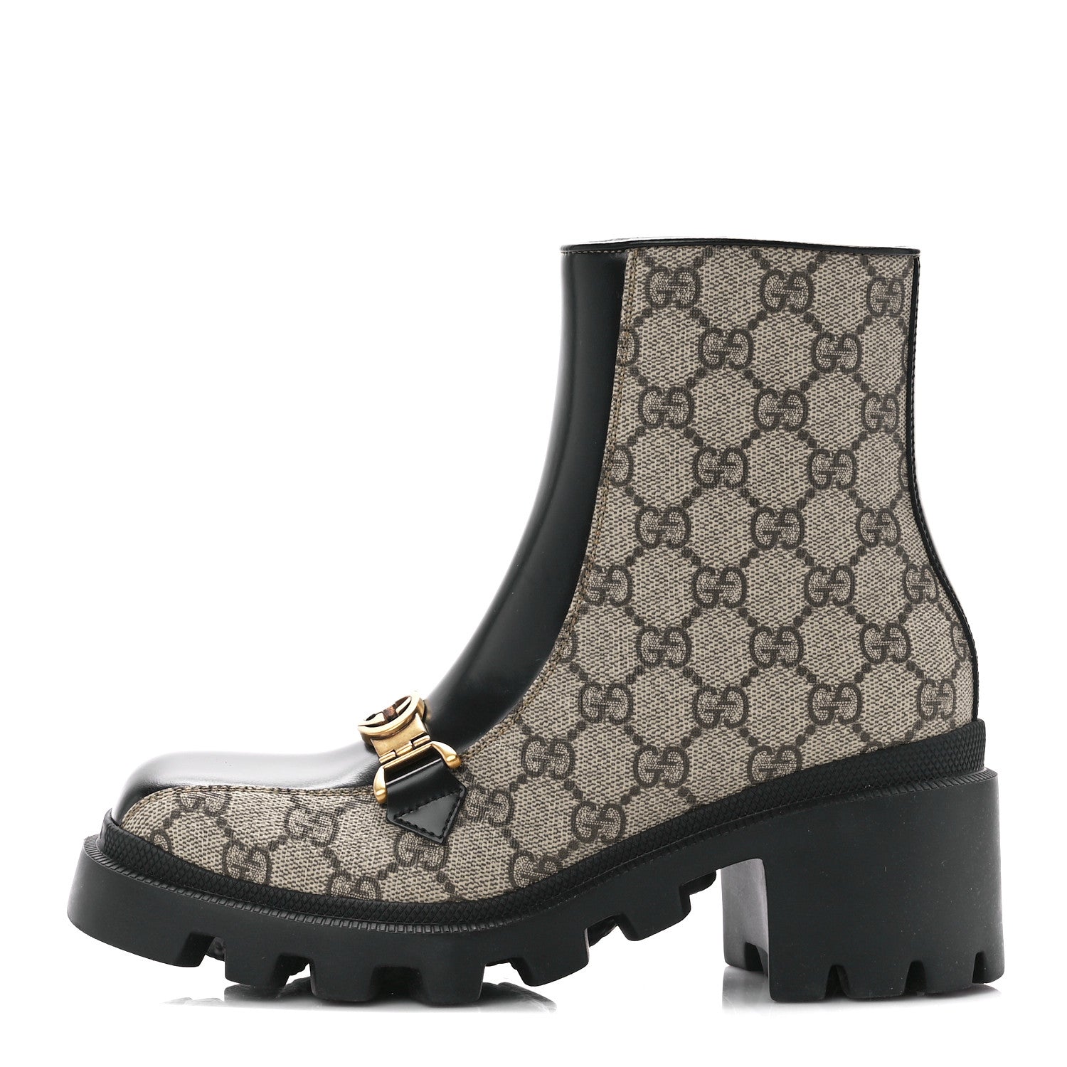 Gucci GG Supreme Monogram Magnum Calfskin Interlocking G Womens Lug Sole Ankle Boots 36 Beige Ebony Black 1 of 10