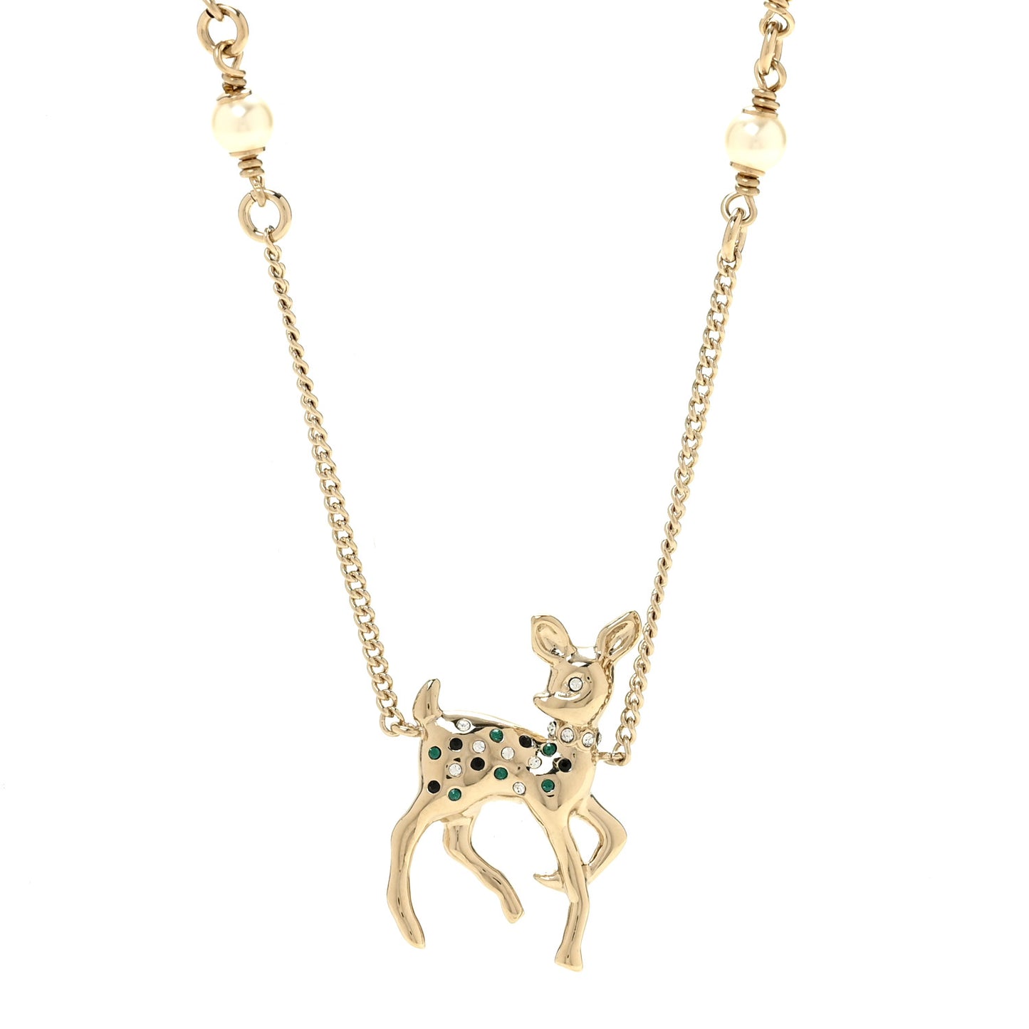 Pearl Crystal CC Deer Long Necklace Gold Green