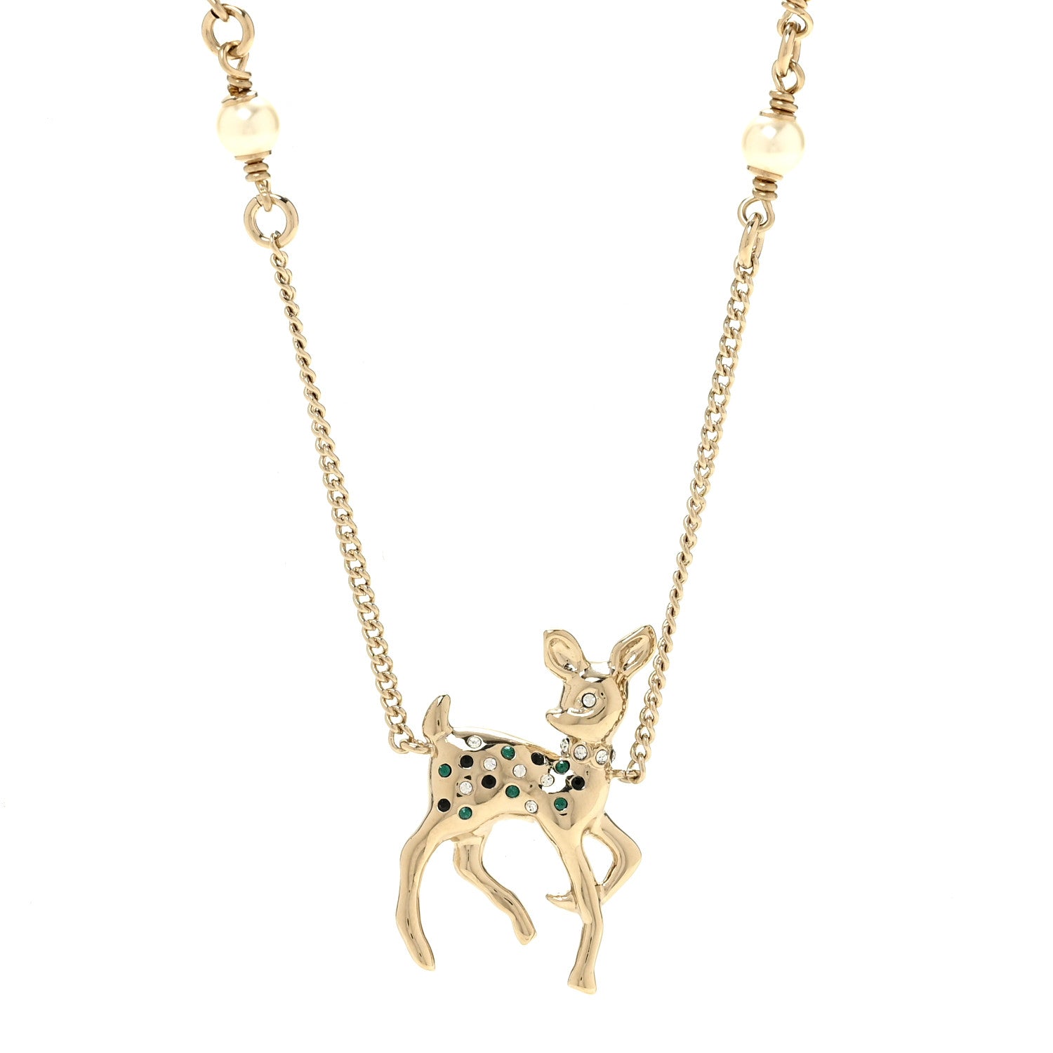 Chanel Pearl Crystal CC Deer Long Necklace Gold Green 4 of 5