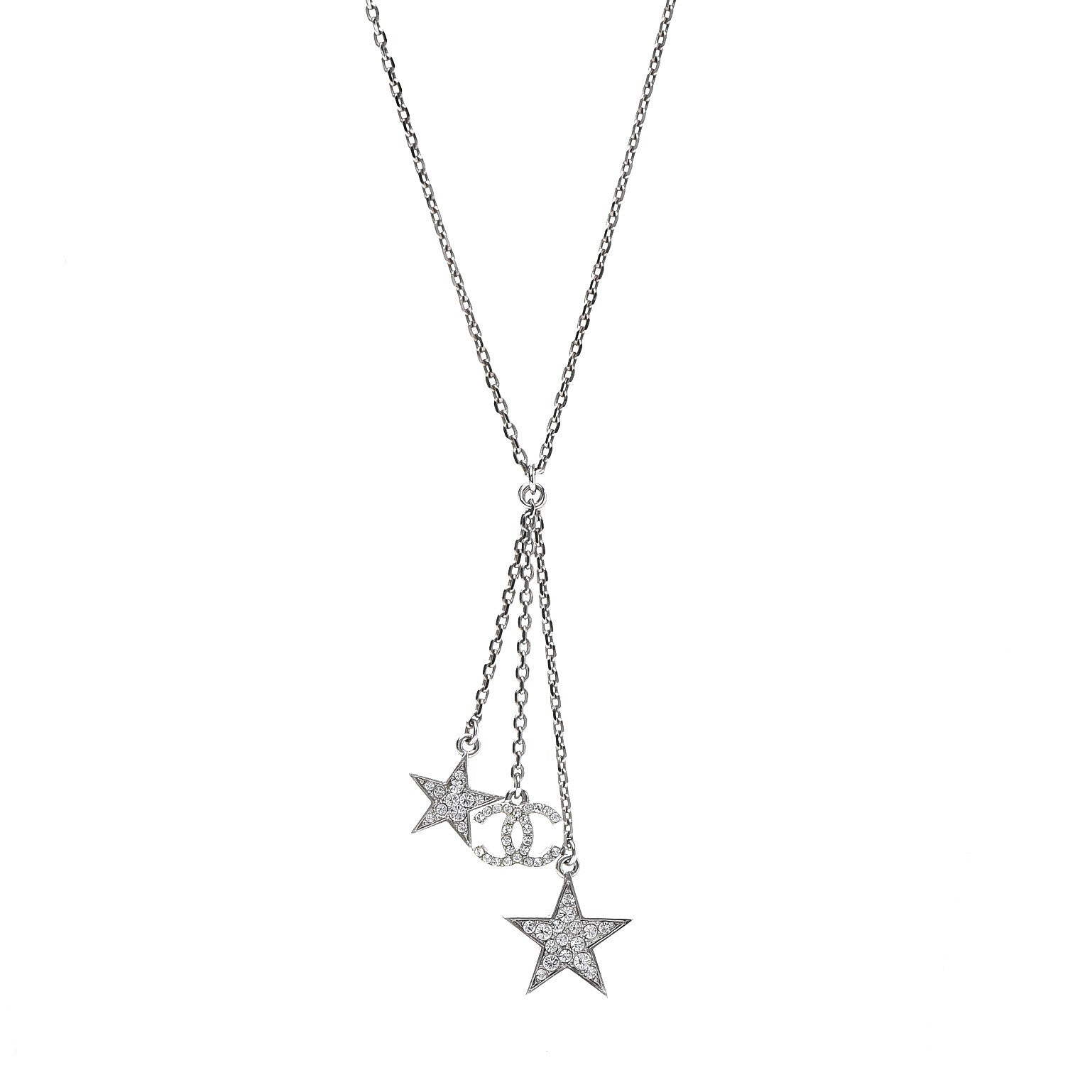 Chanel Crystal Glitter Enamel CC Star Drop Necklace Silver 1 of 7