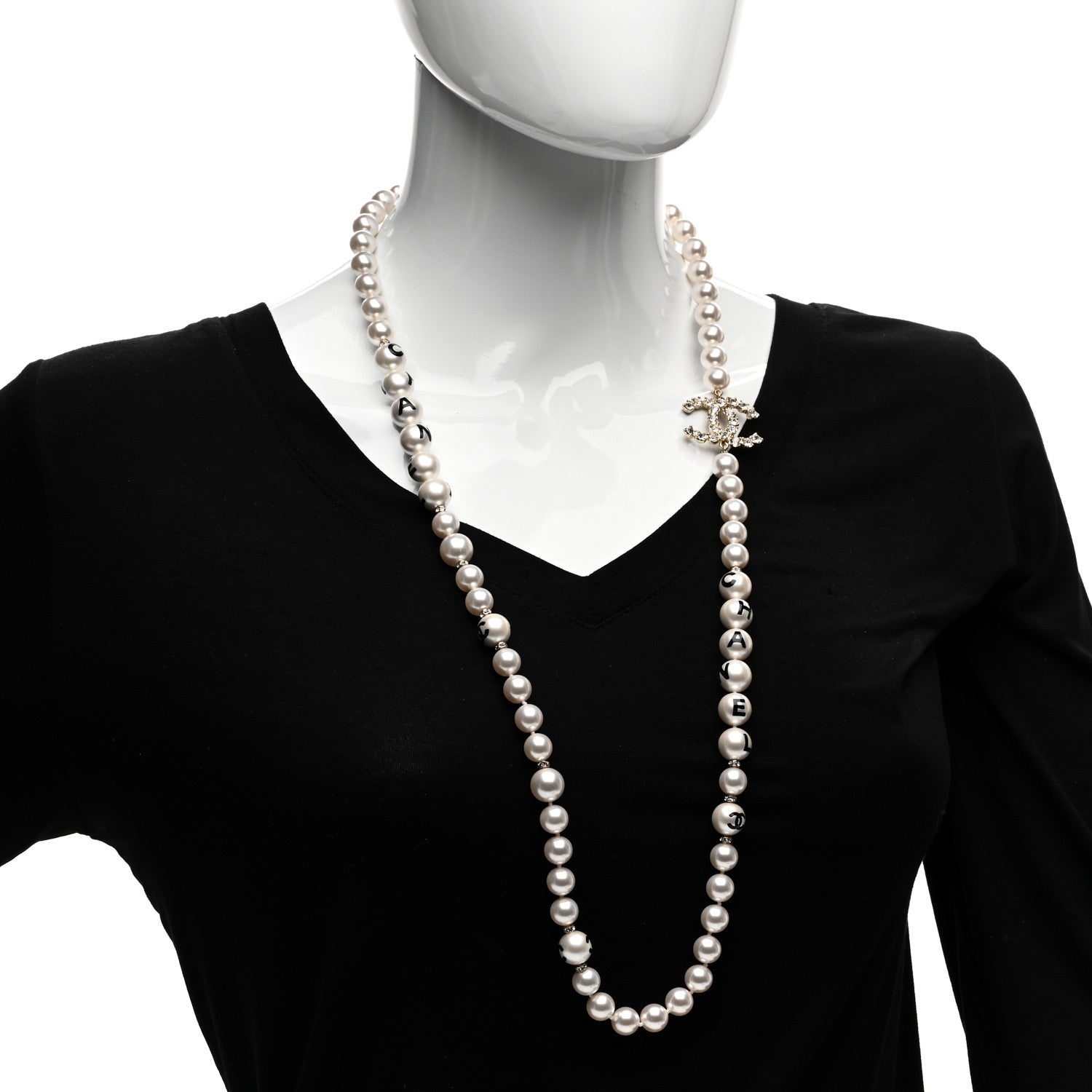 Chanel Pearl Crystal Long CC Logo Necklace Gold 2 of 5