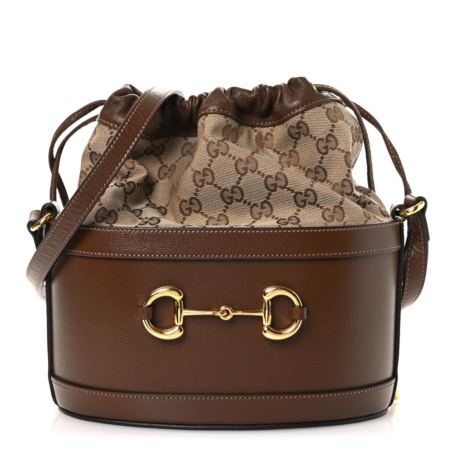 Gucci Monogram Textured Calfskin Horsebit 1955 Drawstring Bucket Bag Beige Brown Sugar 1 of 10
