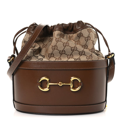 Gucci Monogram Textured Calfskin Horsebit 1955 Drawstring Bucket Bag Beige Brown Sugar 1 of 10