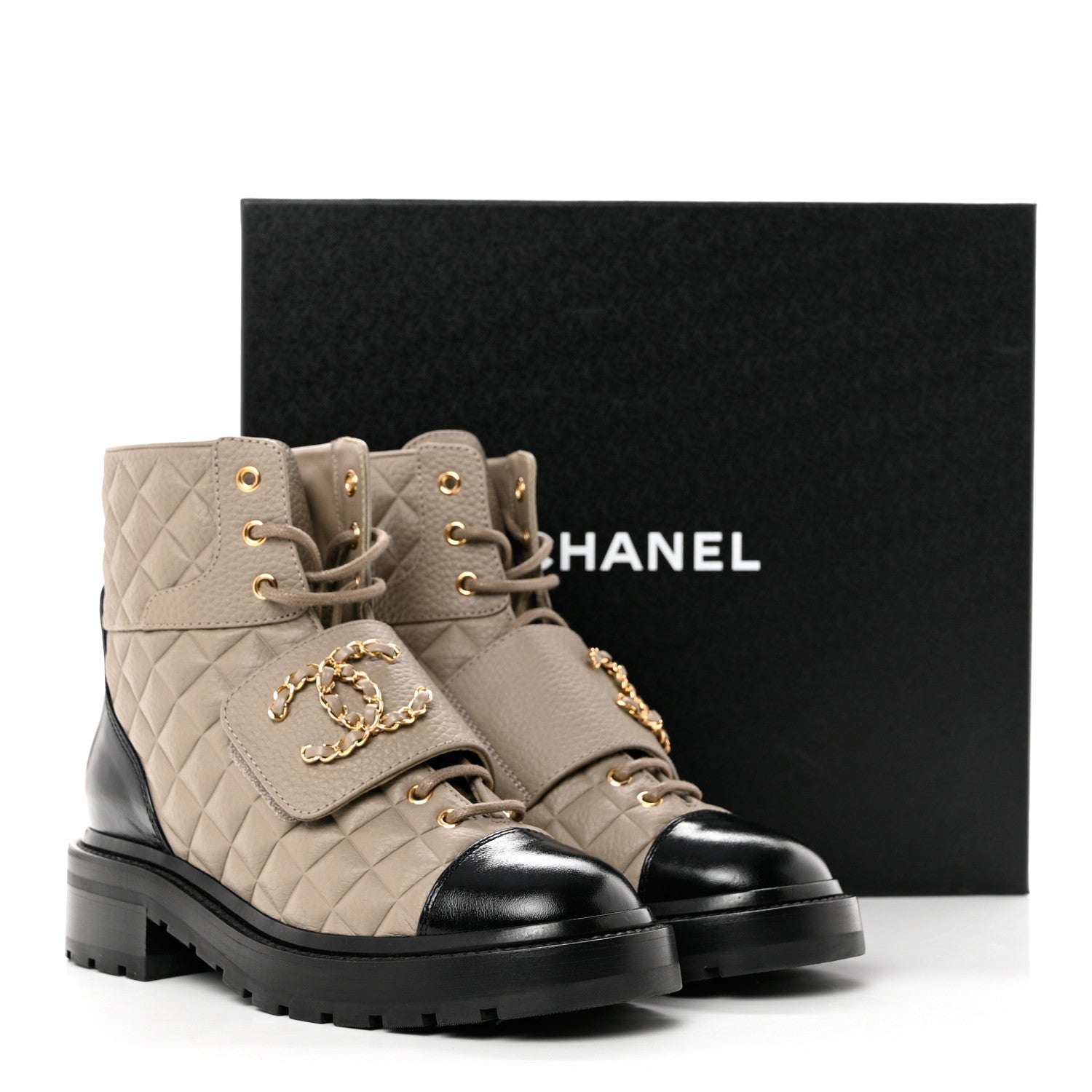 Chanel Calfskin Shiny Calfskin Quilted Lace Up Combat Boots 37 Dark Beige Black 10 of 10