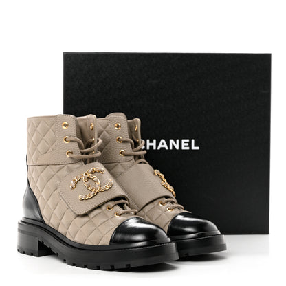Chanel Calfskin Shiny Calfskin Quilted Lace Up Combat Boots 37 Dark Beige Black 10 of 10