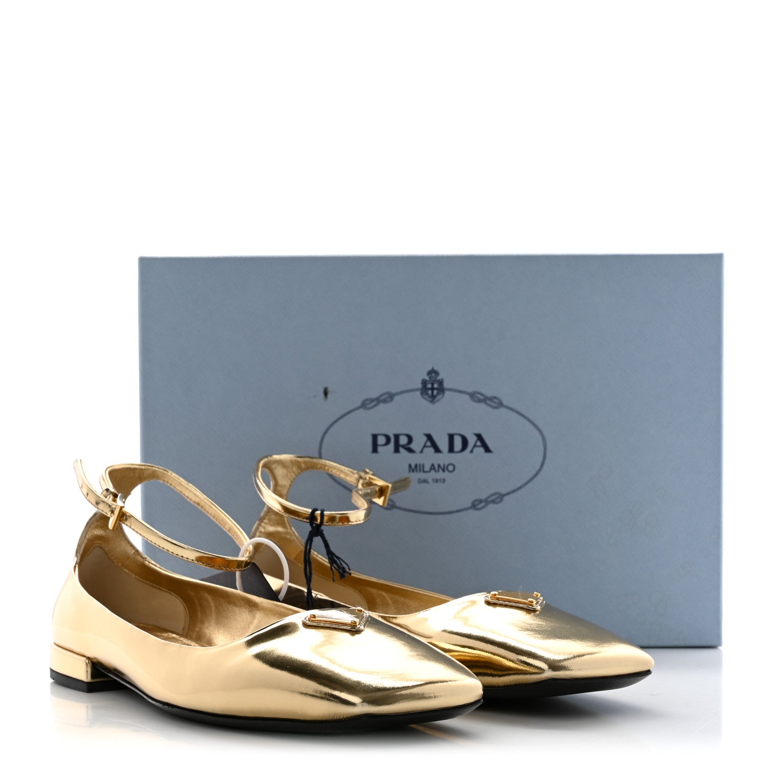 Prada Metallic Calfskin Metal Triangle Logo Ankle Strap Ballerinas 37 Platino 13 of 13