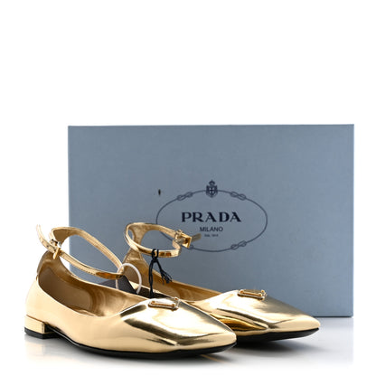 Prada Metallic Calfskin Metal Triangle Logo Ankle Strap Ballerinas 37 Platino 13 of 13