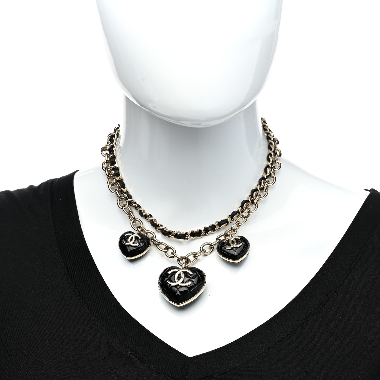 Metal Lambskin Resin Quilted CC Heart Necklace Black Gold