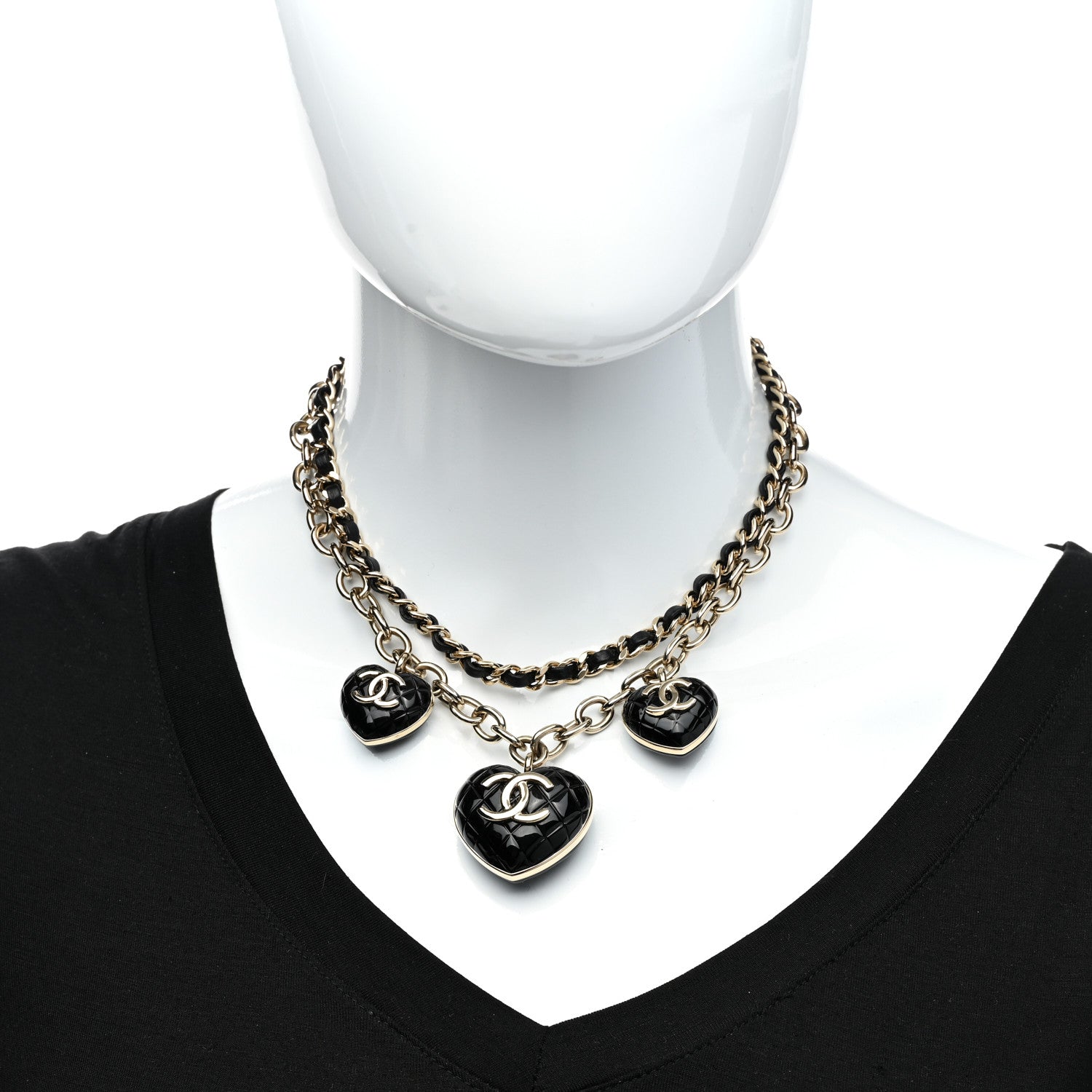 Chanel Metal Lambskin Resin Quilted CC Heart Necklace Black Gold 2 of 6