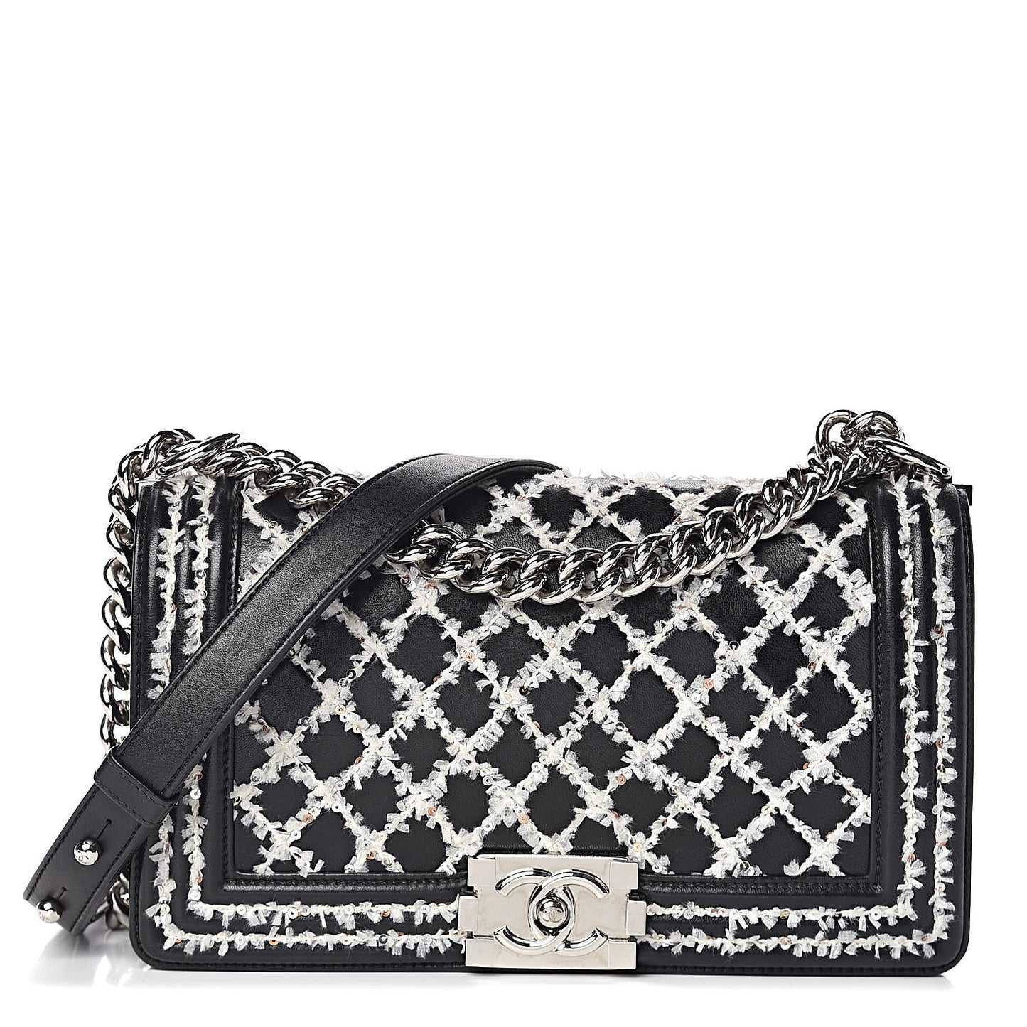 Calfskin Tweed Sequin Stitched Medium Boy Flap Black White