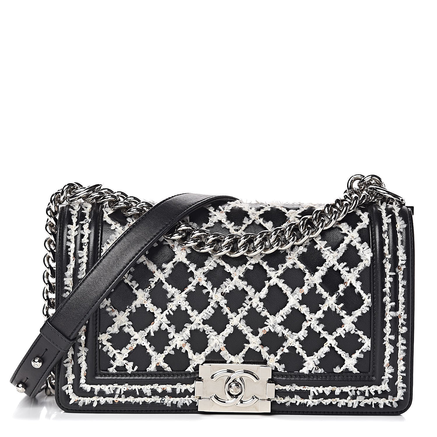 Chanel Calfskin Tweed Sequin Stitched Medium Boy Flap Black White 1 of 17
