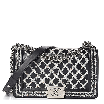 Chanel Calfskin Tweed Sequin Stitched Medium Boy Flap Black White 1 of 17