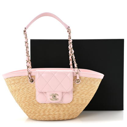 Chanel Raffia Braided Lambskin Small Wicker Tote Beige Light Pink 11 of 11