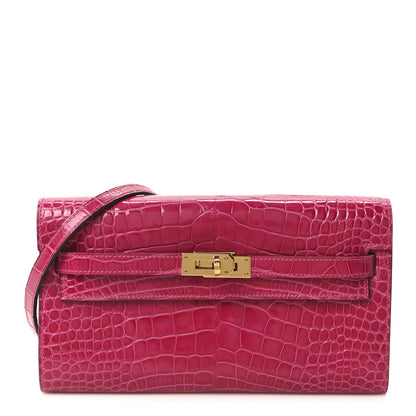 Hermes Shiny Alligator Kelly Wallet To Go Rose Scheherazade 1 of 10