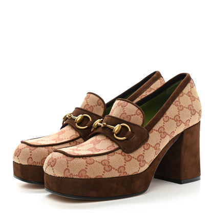 Gucci GG Monogram Suede Houdan Mid Heel Platform Loafers 38 Beige Ruggine Maroon 3 of 7