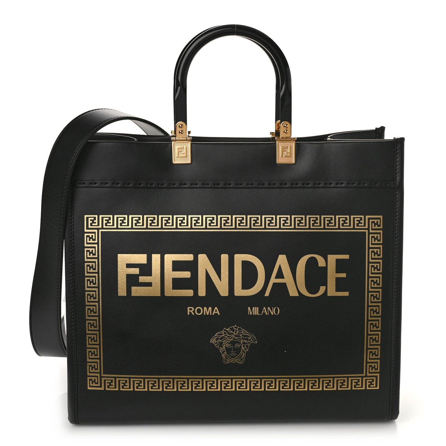 X VERSACE Calfskin Plexiglass Fendace Medium Fendi Sunshine Shopper Tote Black