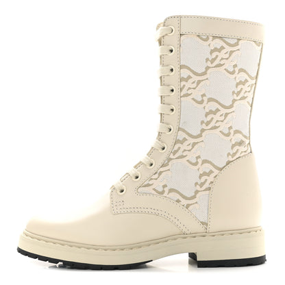 Fendi Vitello Fabric Jacquard Karligraphy Embroidered Womens Combat Boots 35 White Camelia 1 of 7