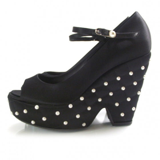 Chanel Satin Quilted Pearl Platform Heels 39 Black 2 of 7
