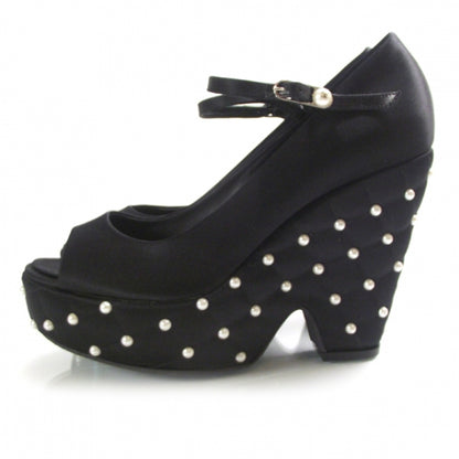 Chanel Satin Quilted Pearl Platform Heels 39 Black 2 of 7