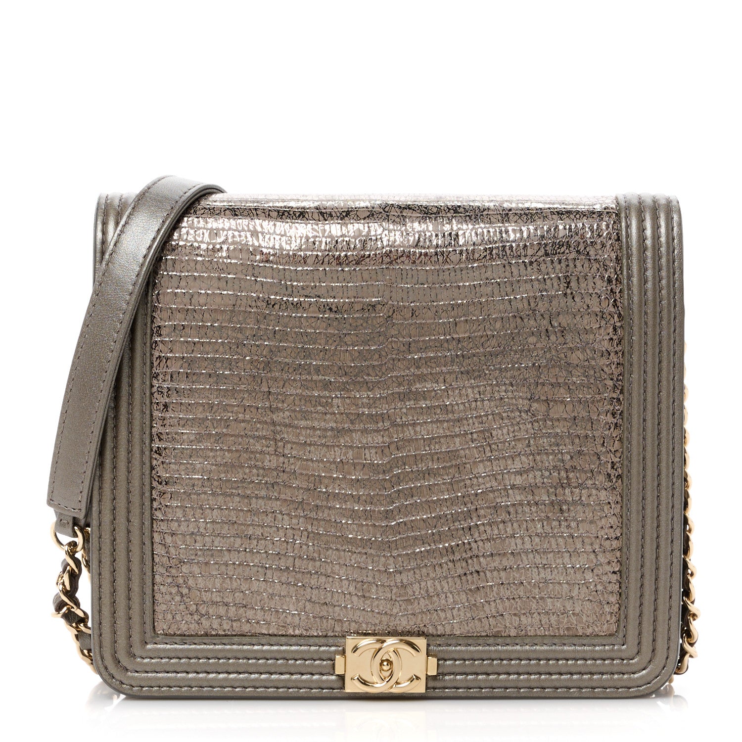 Chanel Metallic Lizard Lambskin Boy Square Wallet On Chain WOC Dark Khaki 1 of 14