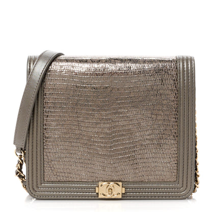 Chanel Metallic Lizard Lambskin Boy Square Wallet On Chain WOC Dark Khaki 1 of 14