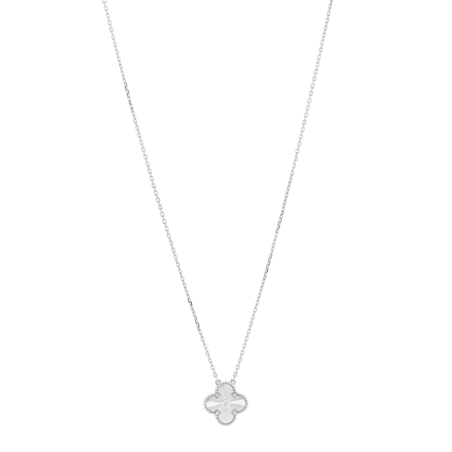 18K White Gold Diamond Guilloche Vintage Alhambra Pendant Necklace