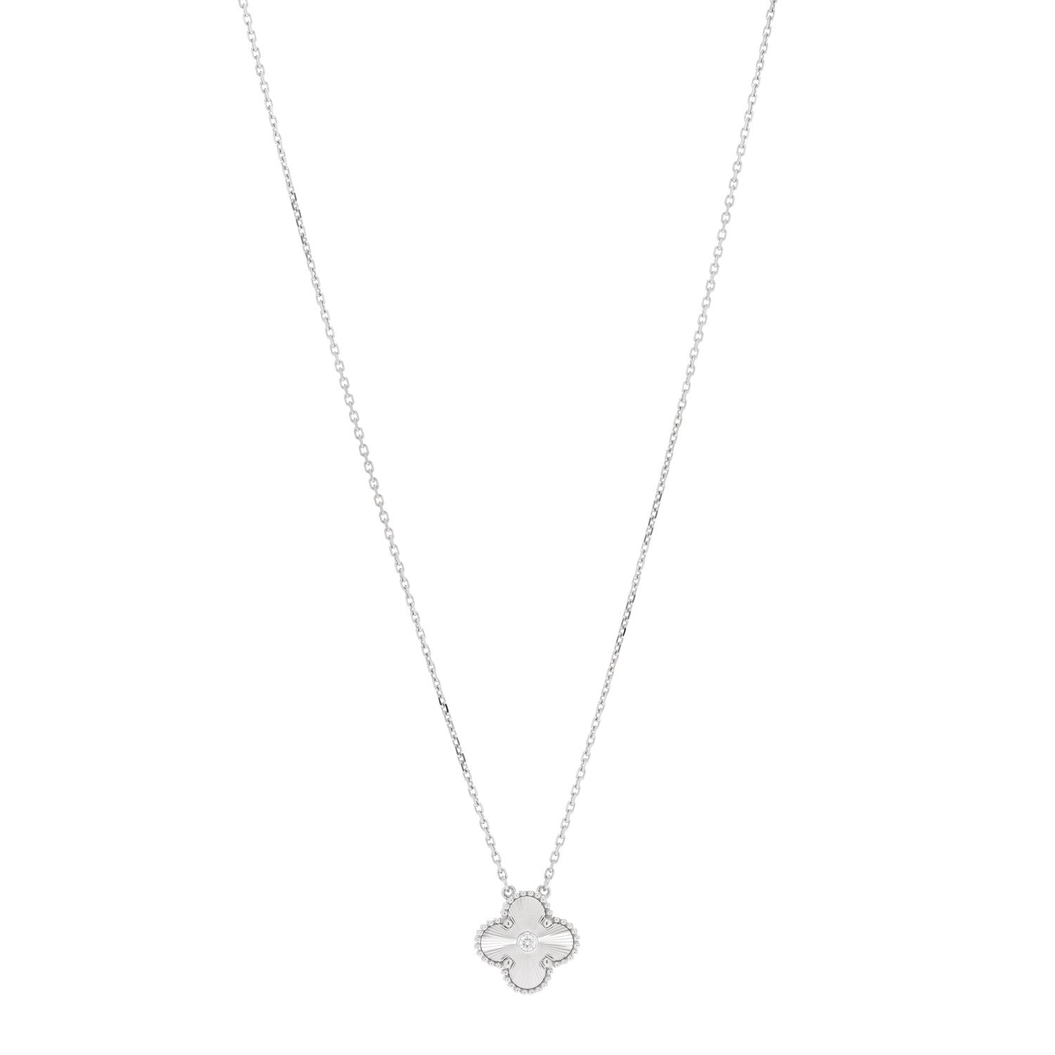 Van Cleef & Arpels 18K White Gold Diamond Guilloche Vintage Alhambra Pendant Necklace 1 of 7