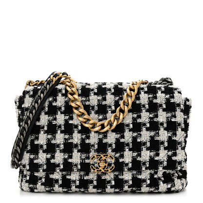 Chanel Tweed Quilted Maxi Chanel 19 Flap Black Ecru White 1 of 10