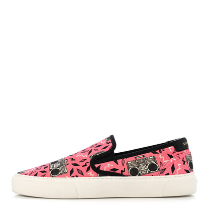 Saint Laurent Canvas Radio Print Mens Venice Slip On Sneakers 43.5 Pink Black White 1 of 4