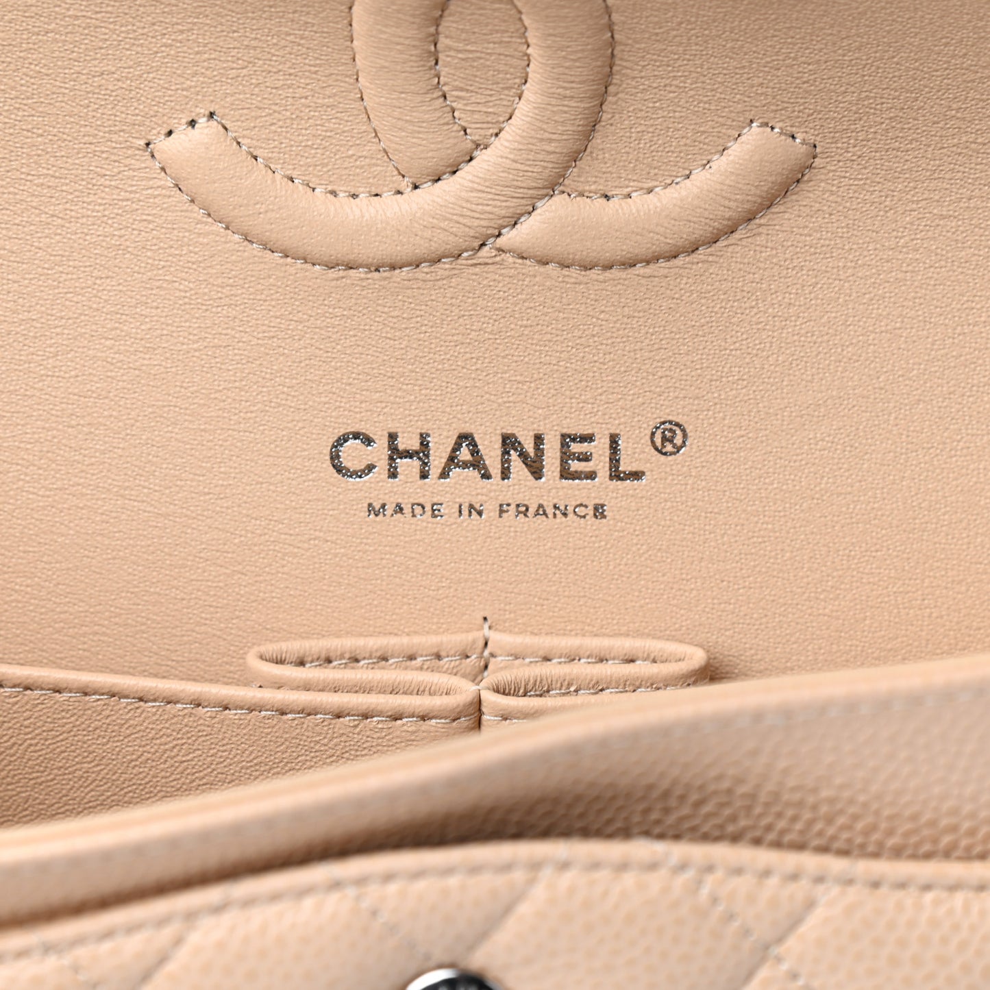 Caviar Quilted Medium Double Flap Beige