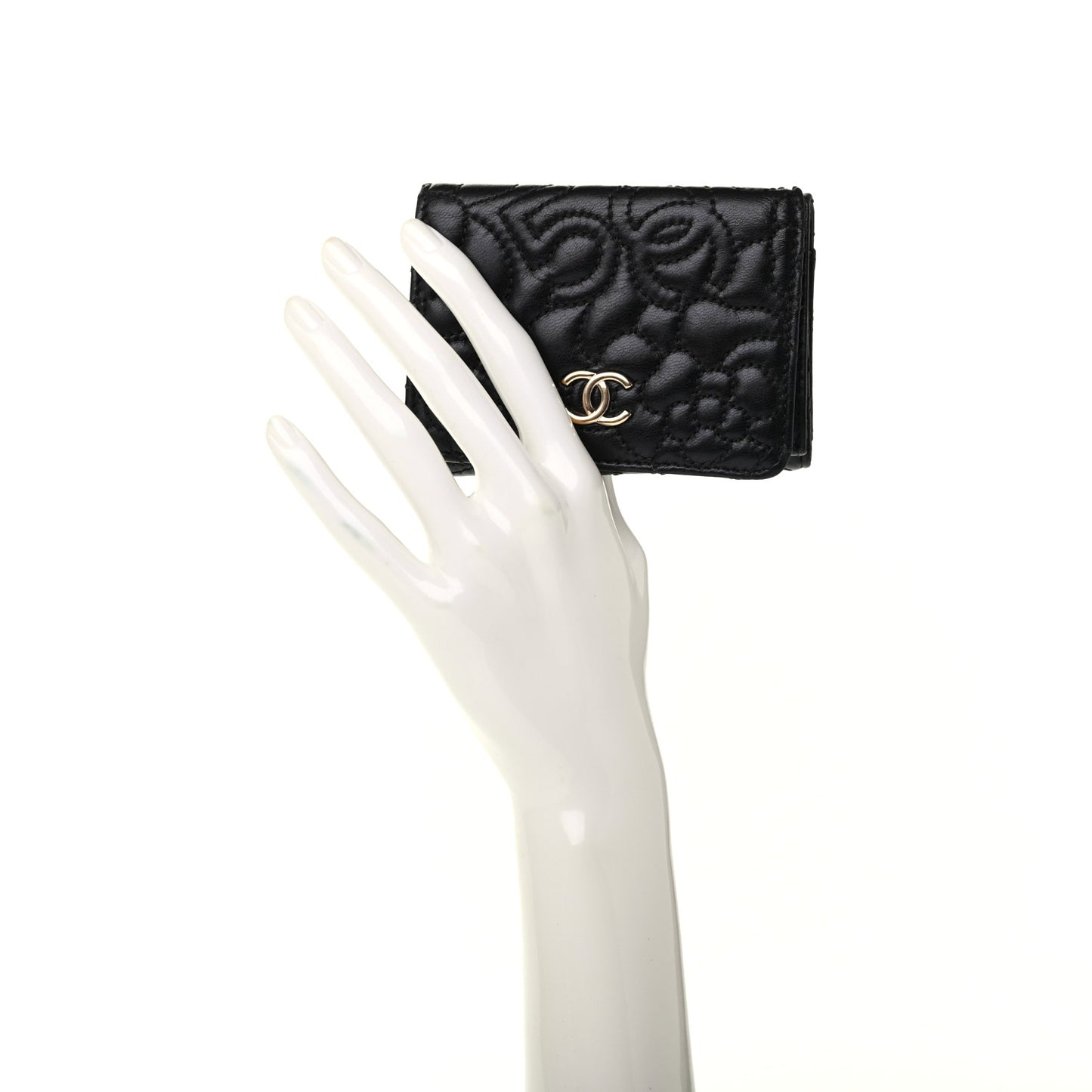 Lambskin Camellia Embossed Compact Wallet Black