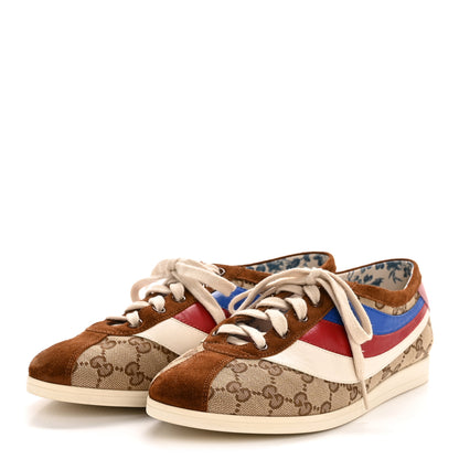 Gucci Suede Monogram Web Womens Falacer Sneakers 40 Nocciola Beige Mystic White Hibiscus Red 4 of 11