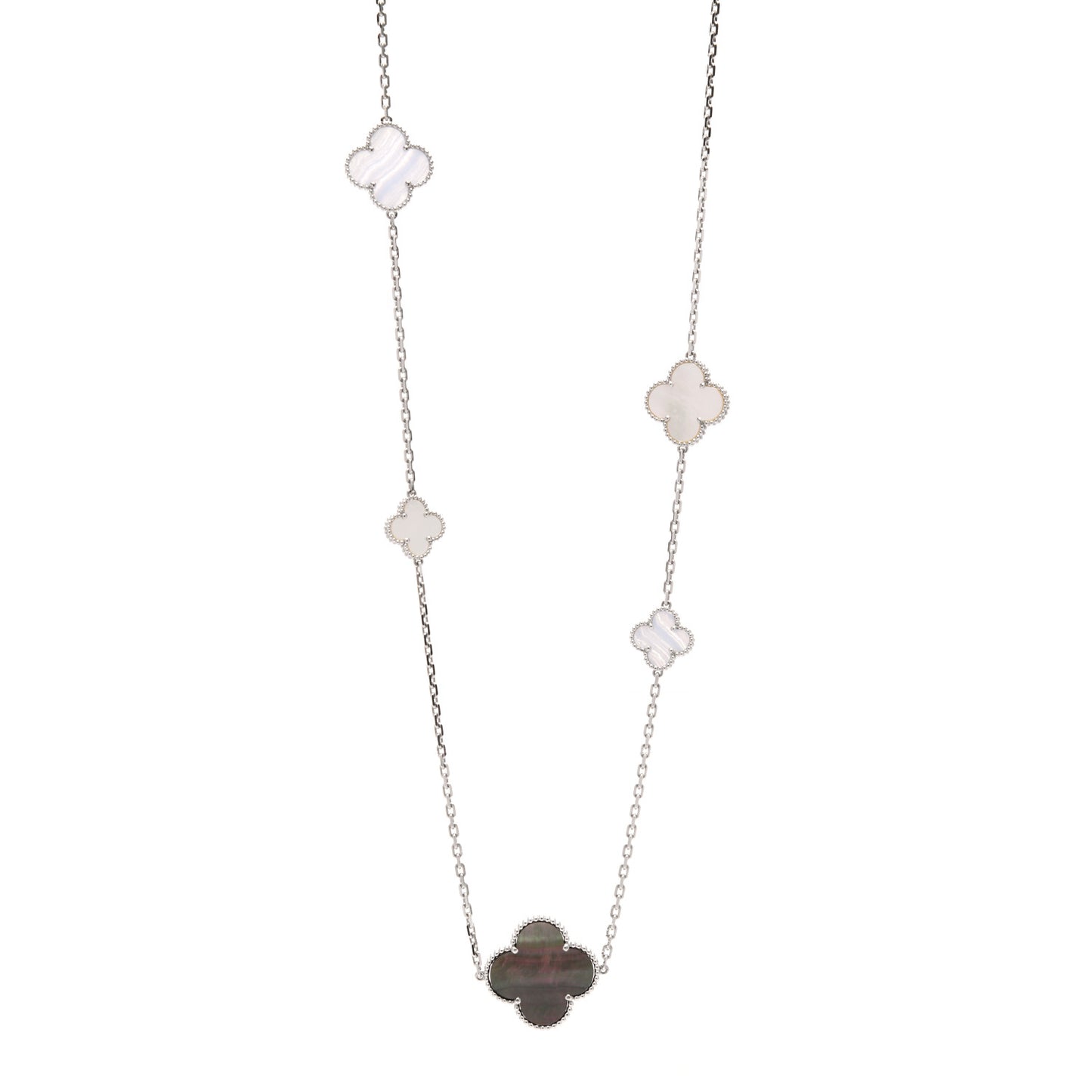 18K White Gold Mother of Pearl Chalcedony 16 Motifs Magic Alhambra Necklace
