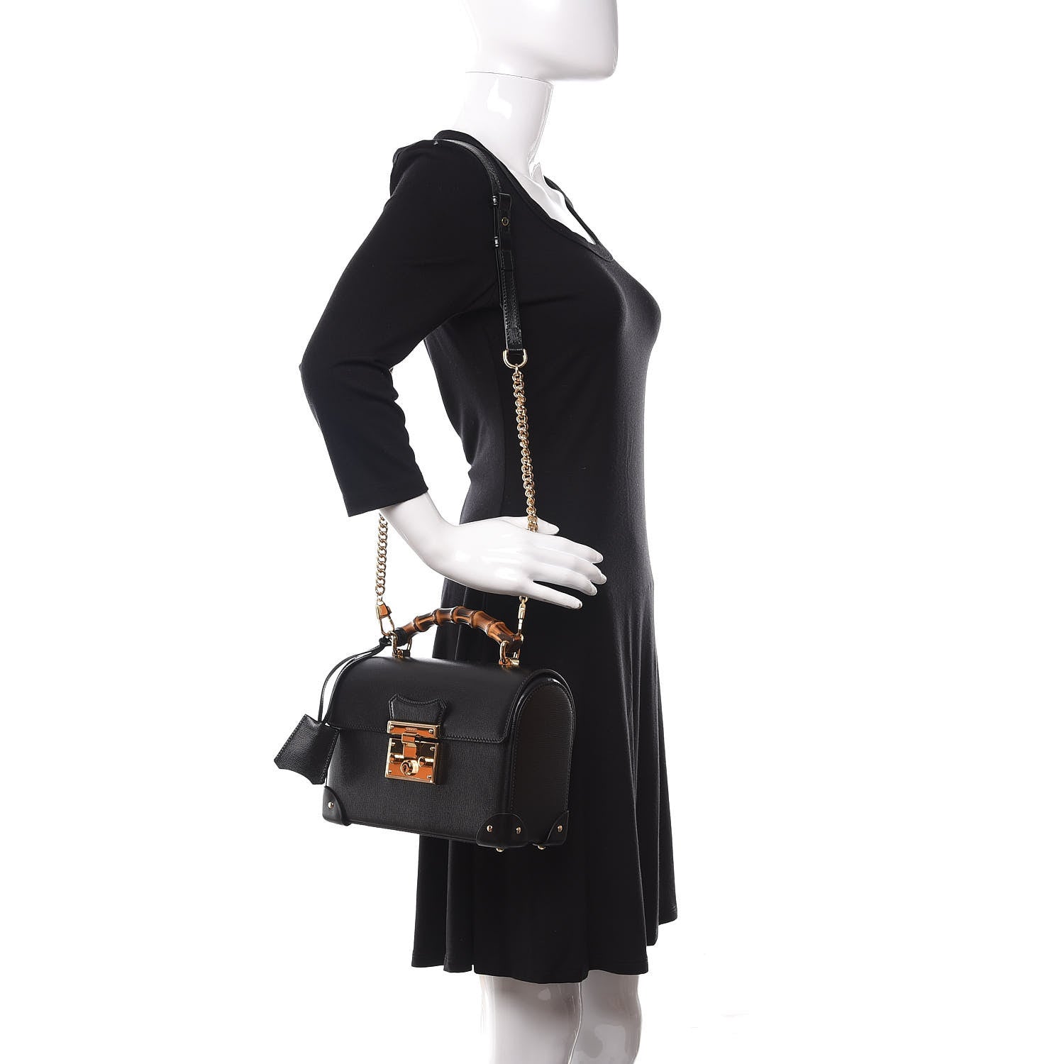 Gucci Calfskin Small Padlock Bamboo Shoulder Bag Black 2 of 9