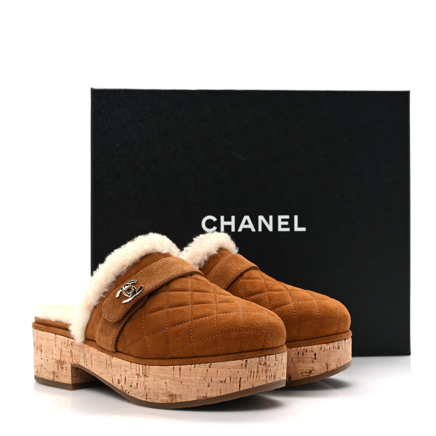 Suede Calfskin Shearling Turn Lock Clogs 36 Brown