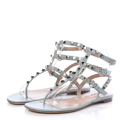 Valentino Garavani Calfskin Rockstud Ankle Wrap Flat Thong Sandals 36.5 Celadon 3 of 8