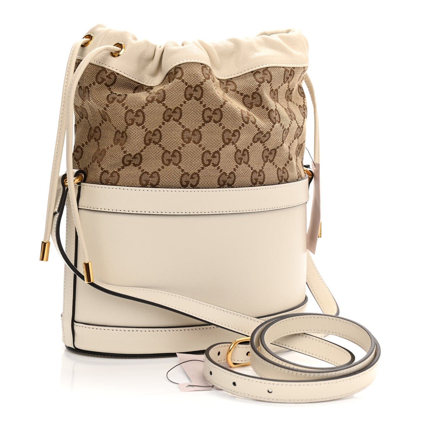 Monogram Textured Calfskin Horsebit 1955 Drawstring Bucket Bag Beige Mystic White