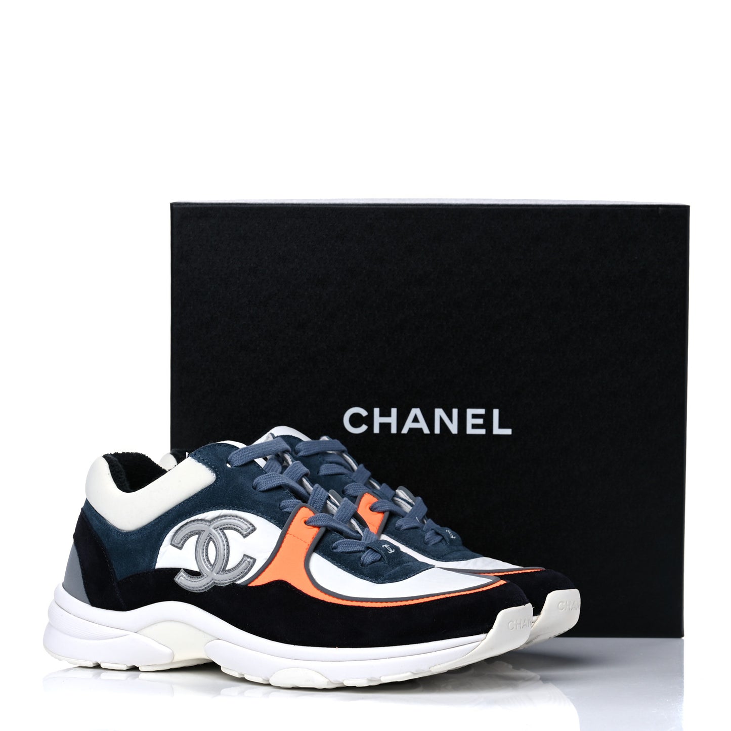 Nylon Calfskin Suede CC Womens Sneakers 39 Navy White Orange