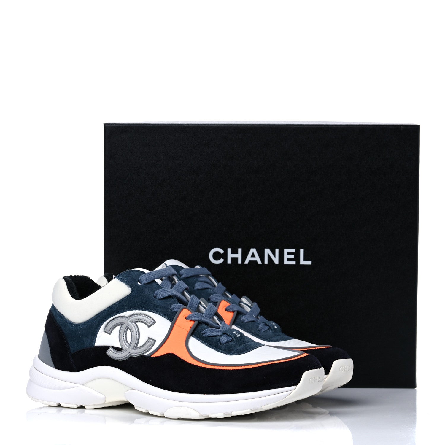 Chanel Nylon Calfskin Suede CC Womens Sneakers 39 Navy White Orange 14 of 14