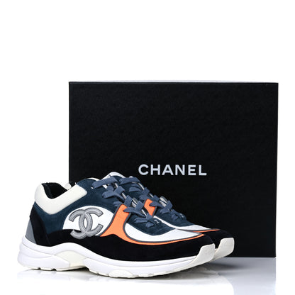Chanel Nylon Calfskin Suede CC Womens Sneakers 39 Navy White Orange 14 of 14