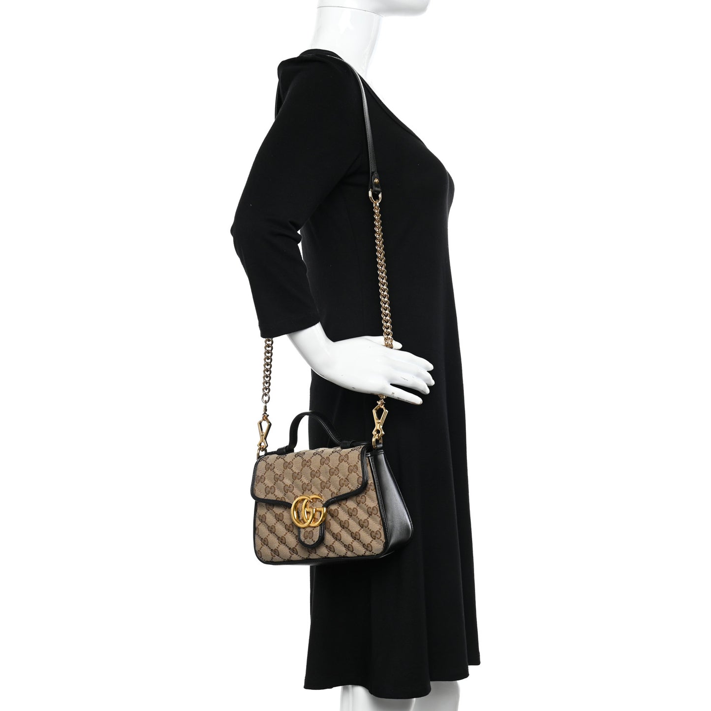 Monogram Azalea Calfskin Matelasse Diagonal Mini GG Marmont Top Handle Shoulder Bag Beige Ebony Black