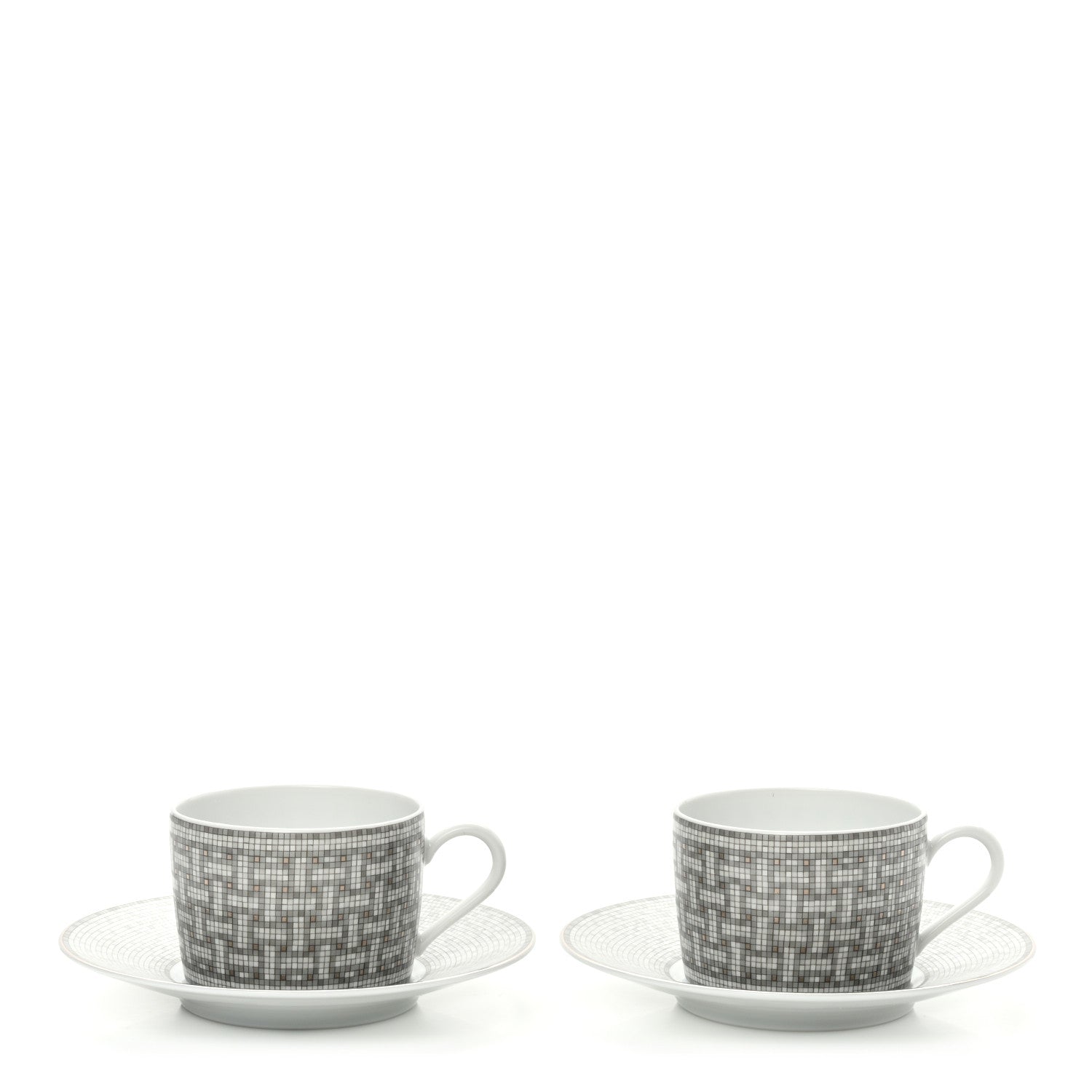 Hermes Porcelain Mosaique Au 24 Platine Tea Cup And Saucer Set Of 2 Platinum 1 of 9