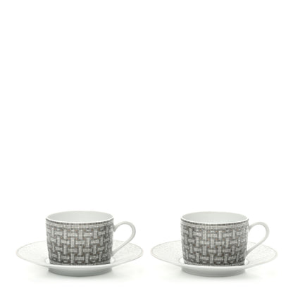 Hermes Porcelain Mosaique Au 24 Platine Tea Cup And Saucer Set Of 2 Platinum 1 of 9