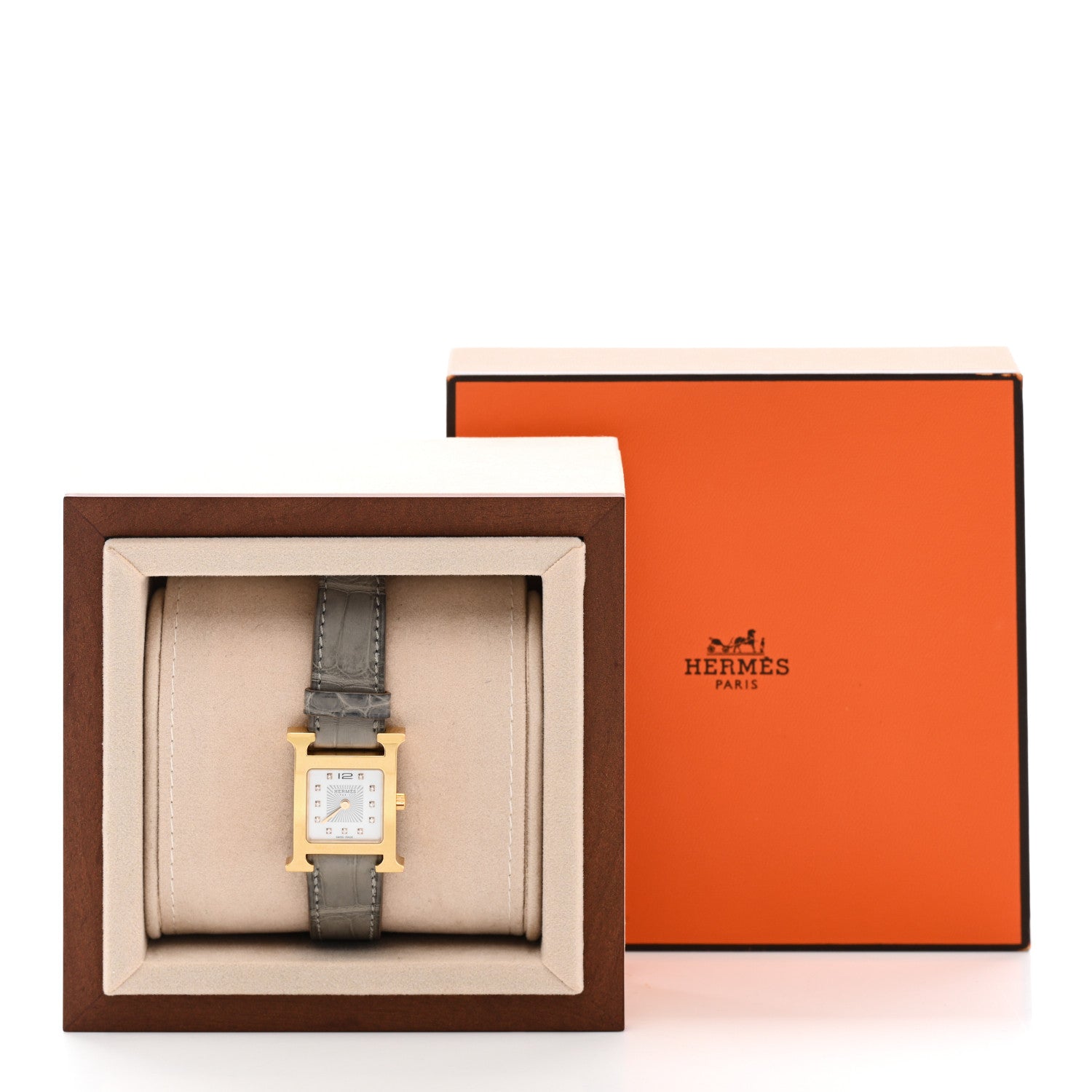 Hermes Stainless Steel Alligator Diamond Mother of Pearl 21mm Heure H Hour Quartz Watch Gris Perle 5 of 5