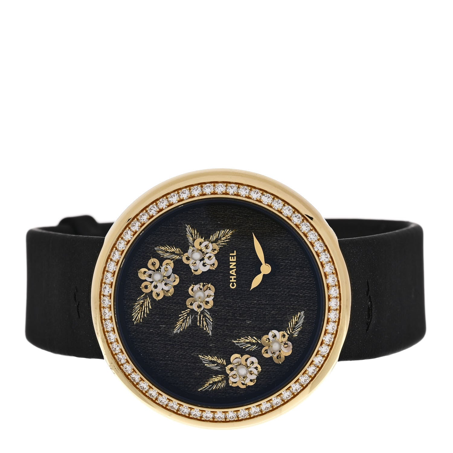 Chanel 18K Yellow Gold Satin Diamond Pearl 37.5mm Mademoiselle Prive Camelia Lesage Quartz Watch Black 2 of 6