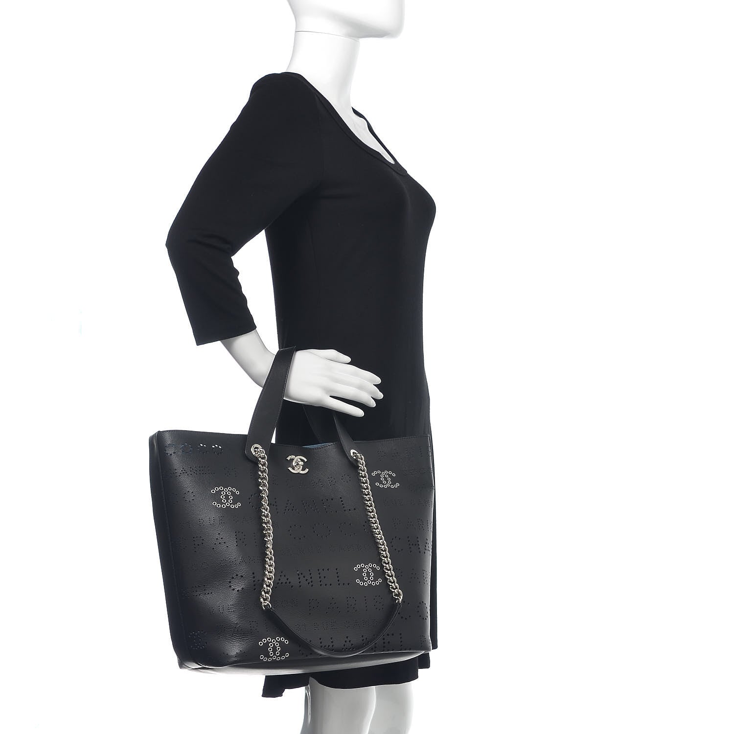 Chanel Calfskin Tweed Small Logo Eyelets Shopping Tote Black 2 of 10